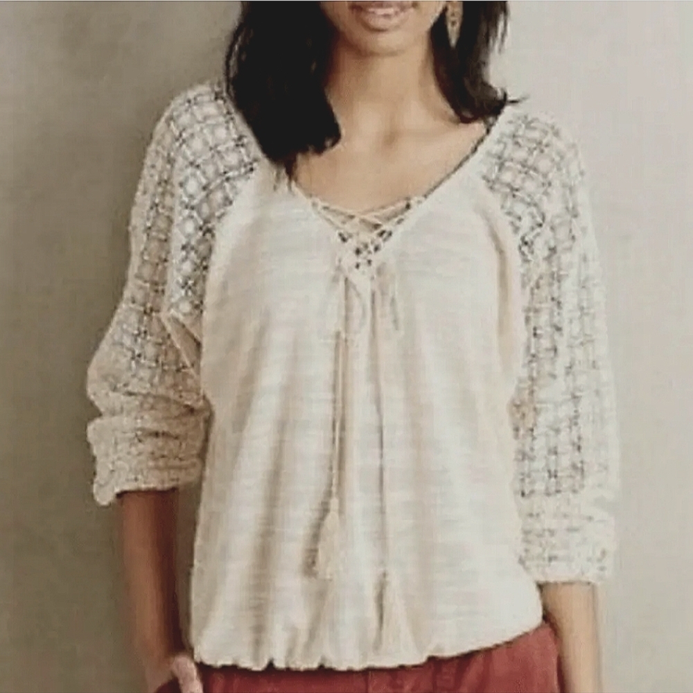 Anthropologie Meadow Rue Ivory Crocheted Lace Peasant Top SM - Picture 2 of 12